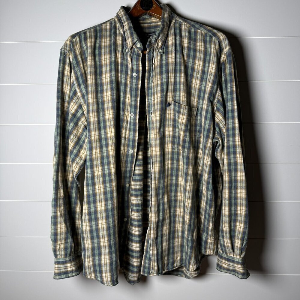 Ralph Lauren Jeans Co Shirt Mens XL Plaid Flannel  Tan, Green, Blue
